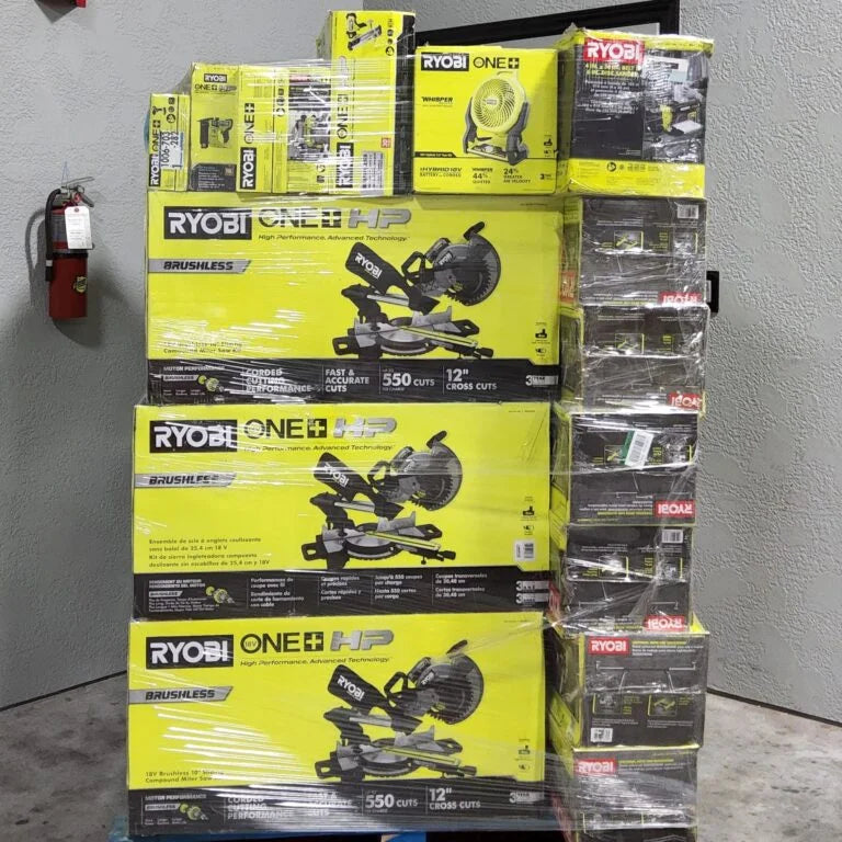 Ryobi tools Europe: Neue Ryobi ONE+ Paletten mit Bohrmaschinen, Multifunktionswerkzeugen, Akkus und Zubehör. Verkauf an Gewerbetreibende, Lieferung nach Frankreich und Europa.
