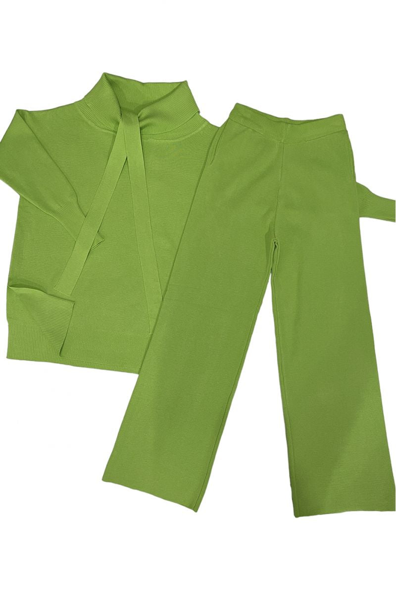 Ensemble pull col roulé tombant over size et palazzo anis